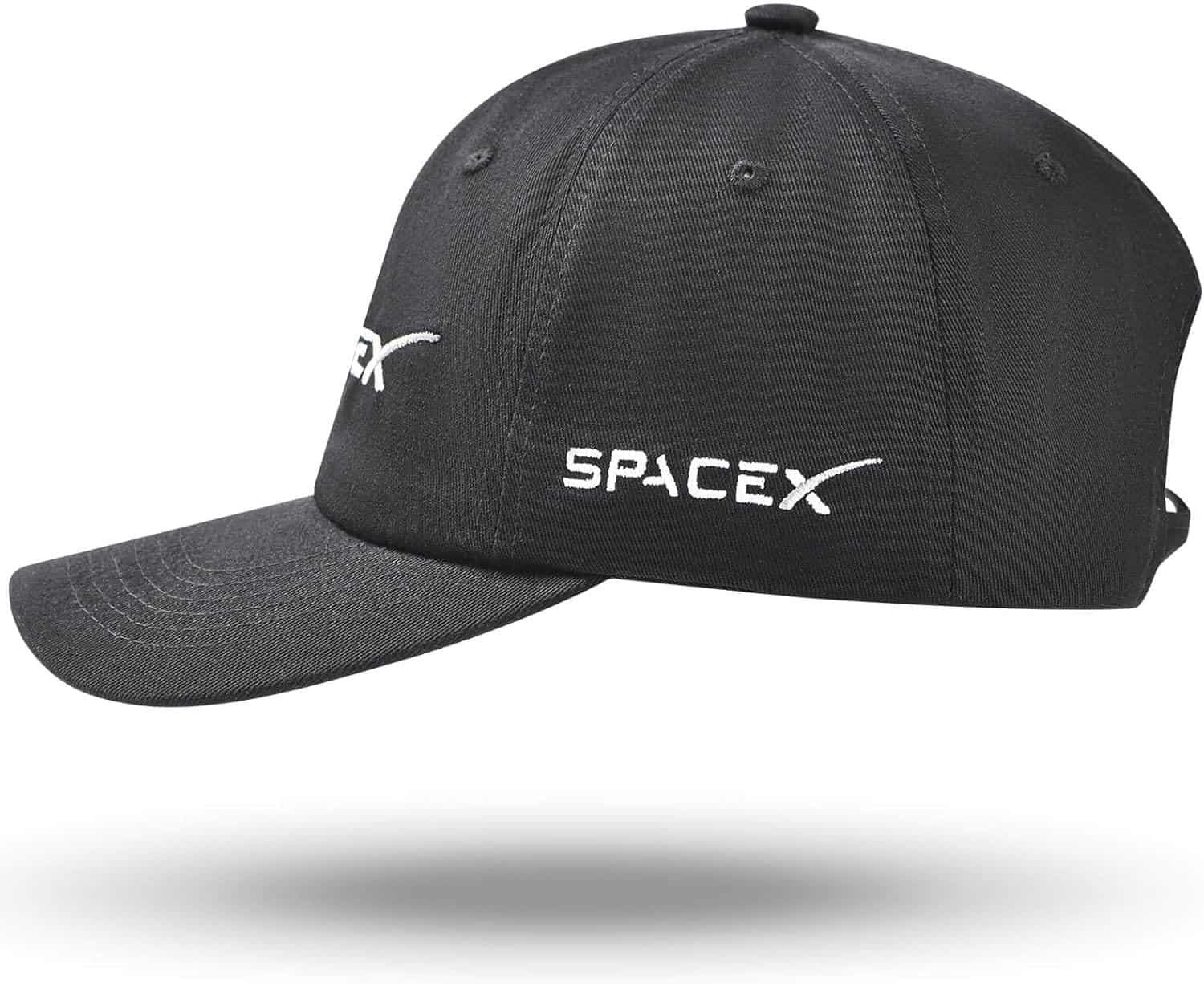 A black baseball cap with the word "SPACEX" embroidered in white on the front, shown against a white background.
