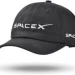 A black baseball cap with the SpaceX logo embroidered in white on the front and side.
