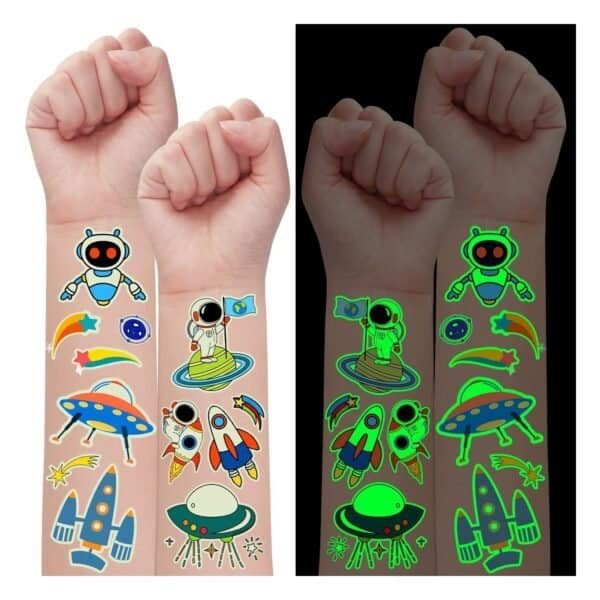 Two forearms with colorful space-themed temporary tattoos are shown; tattoos glow green under blacklight in the right panel.