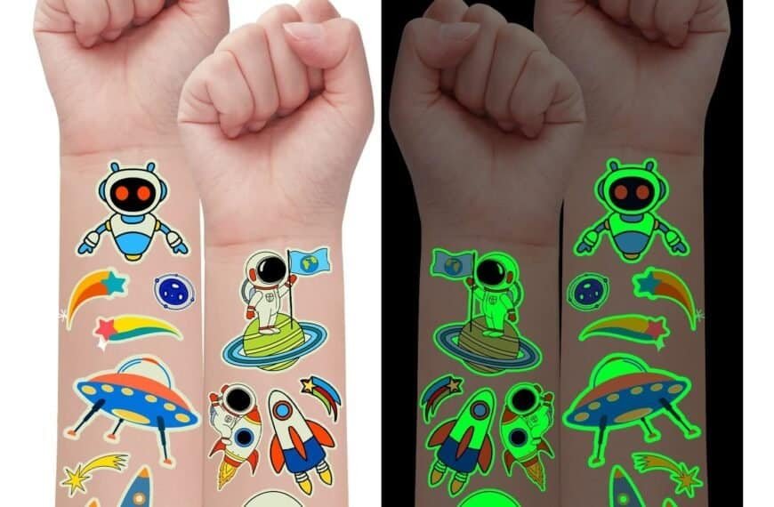 Two forearms with colorful space-themed temporary tattoos are shown; tattoos glow green under blacklight in the right panel.
