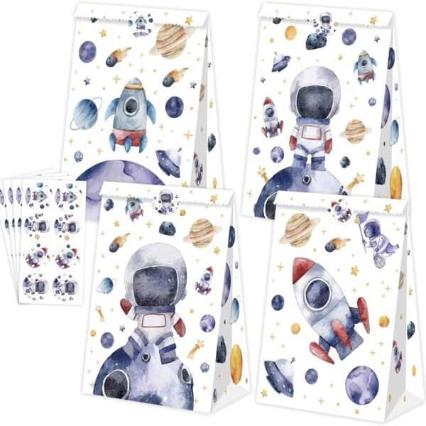 Gift bags and stickers featuring watercolor illustrations of astronauts, rockets, and planets on a white background.