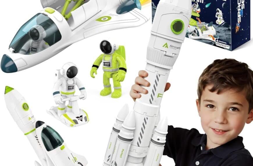 A smiling boy holds a toy rocket. The image also shows toy astronauts, a space shuttle, and the toy set’s packaging labeled "Space Adventure Team.