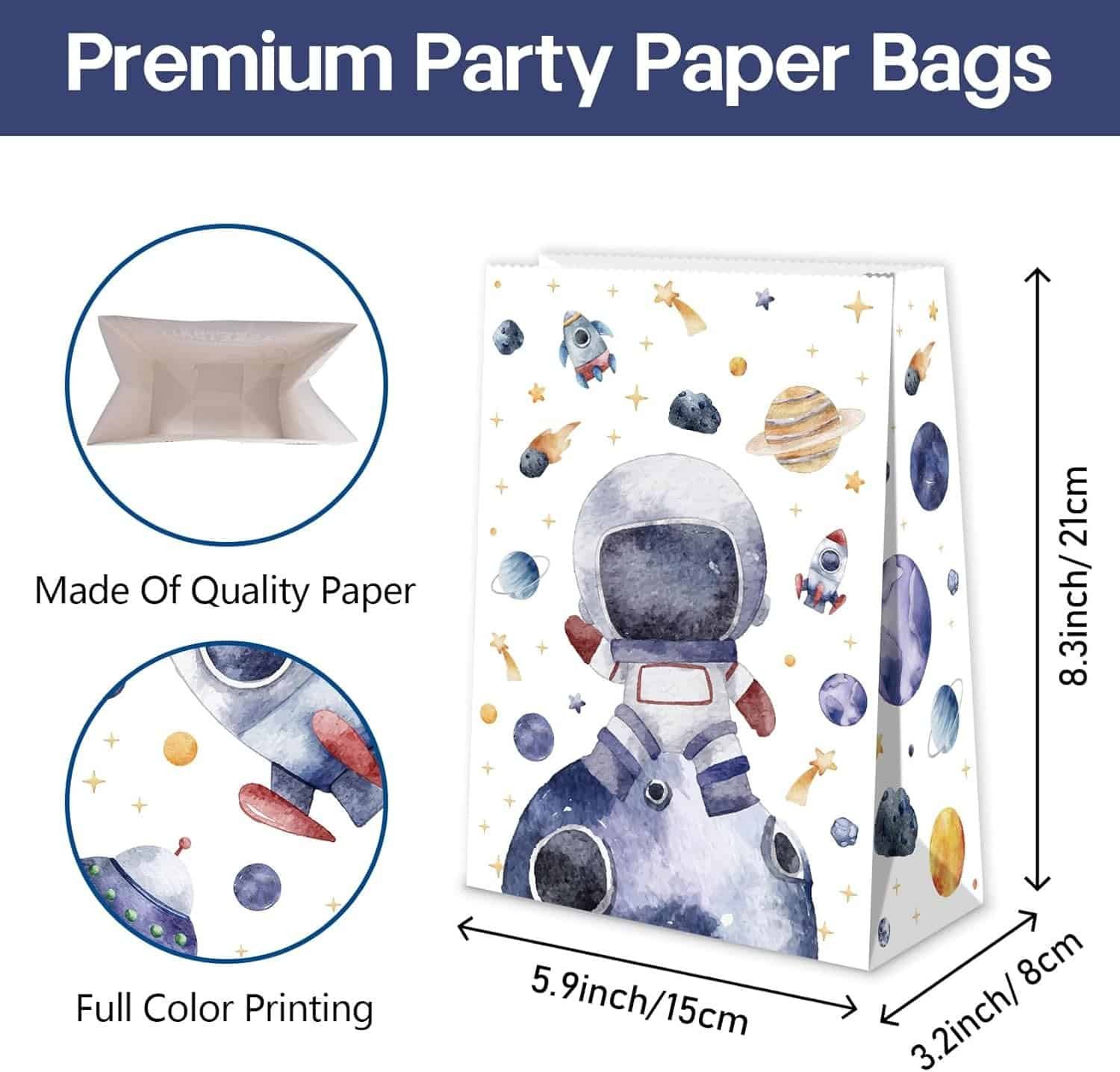 Premium party paper bag with a watercolor space-themed design featuring an astronaut, planets, and stars; made of quality paper with full color printing; size 8.3 x 5.9 x 3.2 inches.