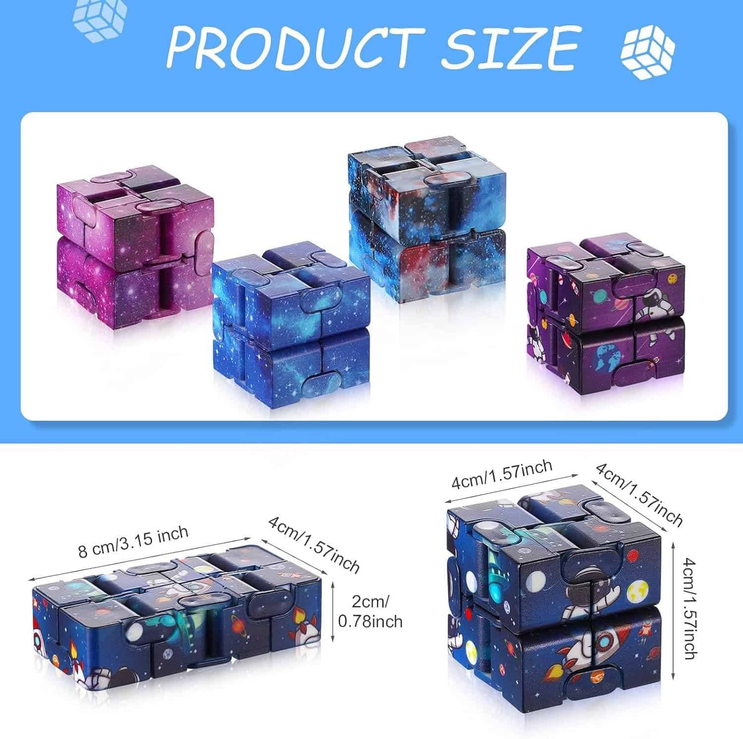 Five galaxy-themed infinity cubes are displayed, with dimensions labeled as 8 x 4 x 4 cm (3.15 x 1.57 x 1.57 in) and a folded width of 2 cm (0.78 in).