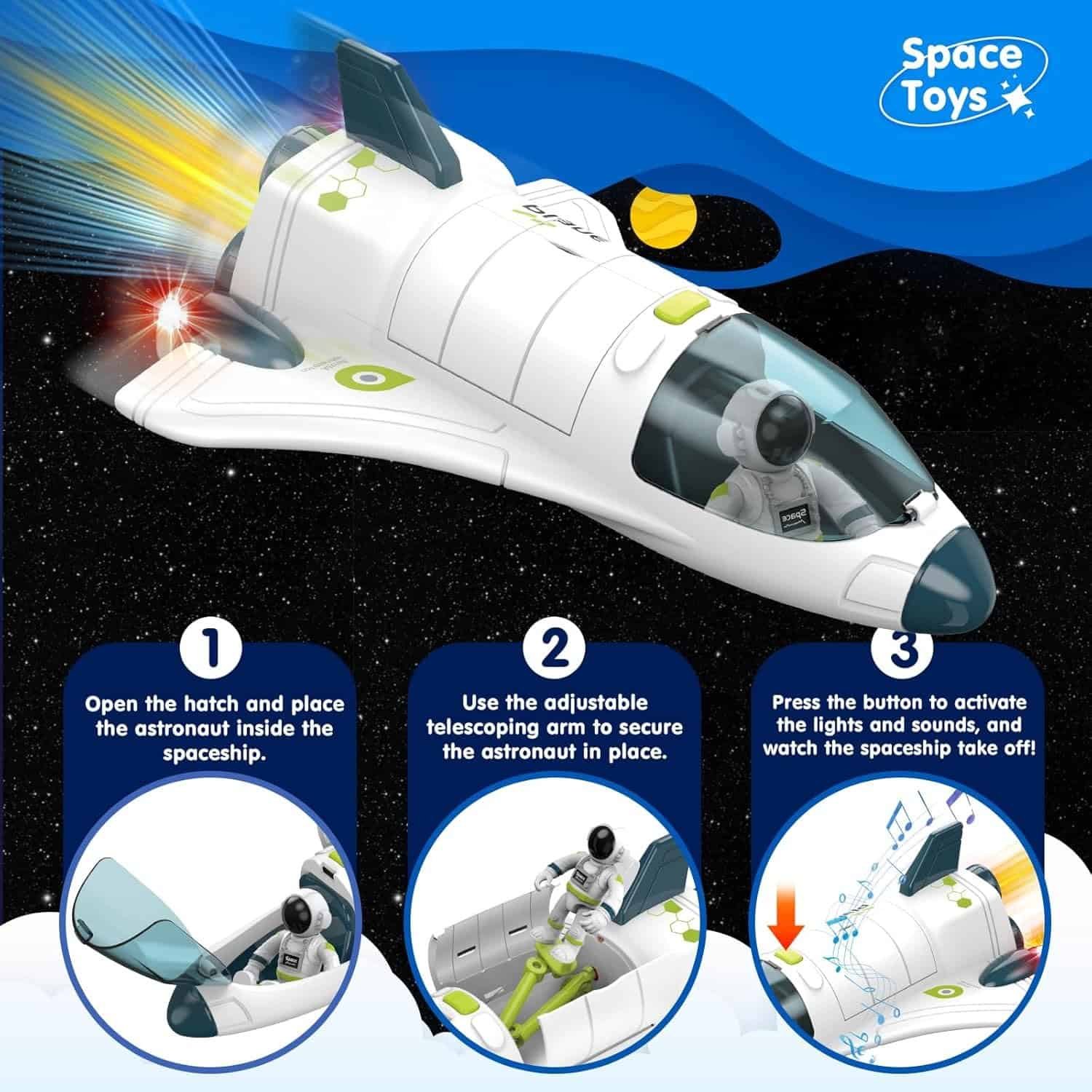 Instructional diagram showing how to place an astronaut figure inside a toy spaceship, secure it, and press a button to activate lights, sounds, and simulate takeoff.