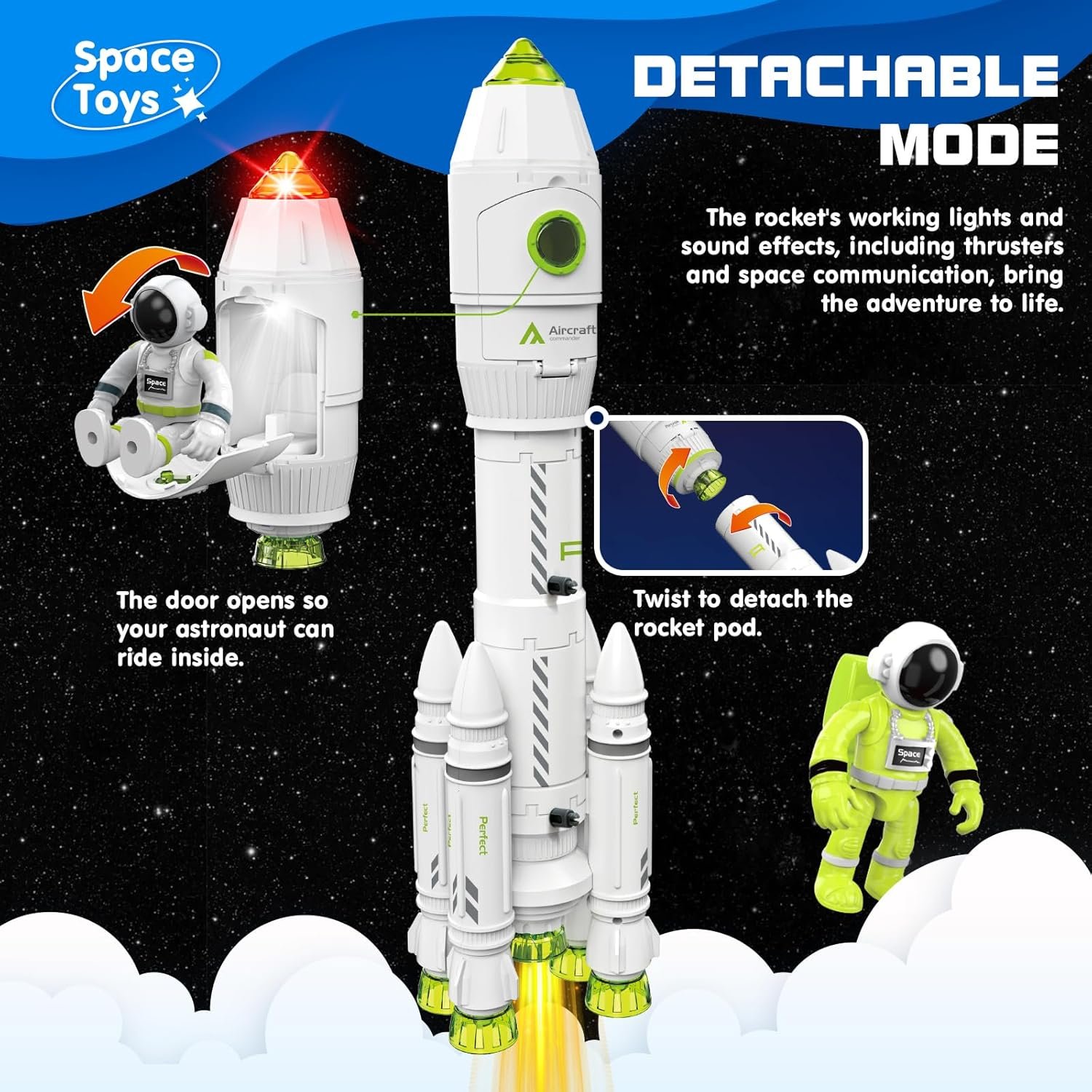 Space Rocket Ship Toys for Kids, Space Toys Shuttle for Kids 3-5-7 with 2 Astronaut Figures, Spaceship with Glowing & Sound Effect, Educational Stem Gift for Boy Girl