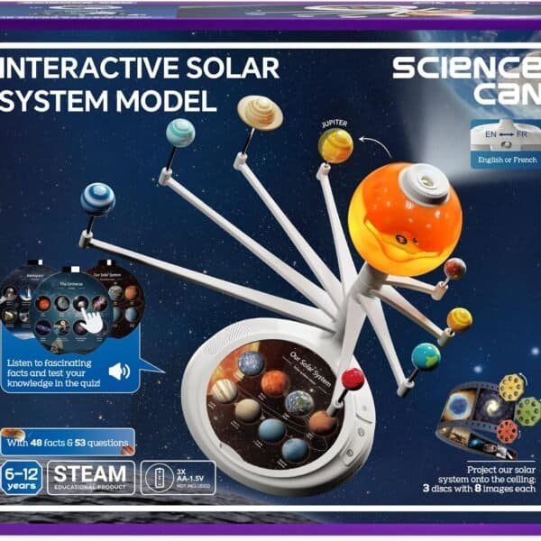 Box of an "Interactive Solar System Model" toy by Science Can, showing a model of the solar system with planets and a projector feature for children aged 6-12.