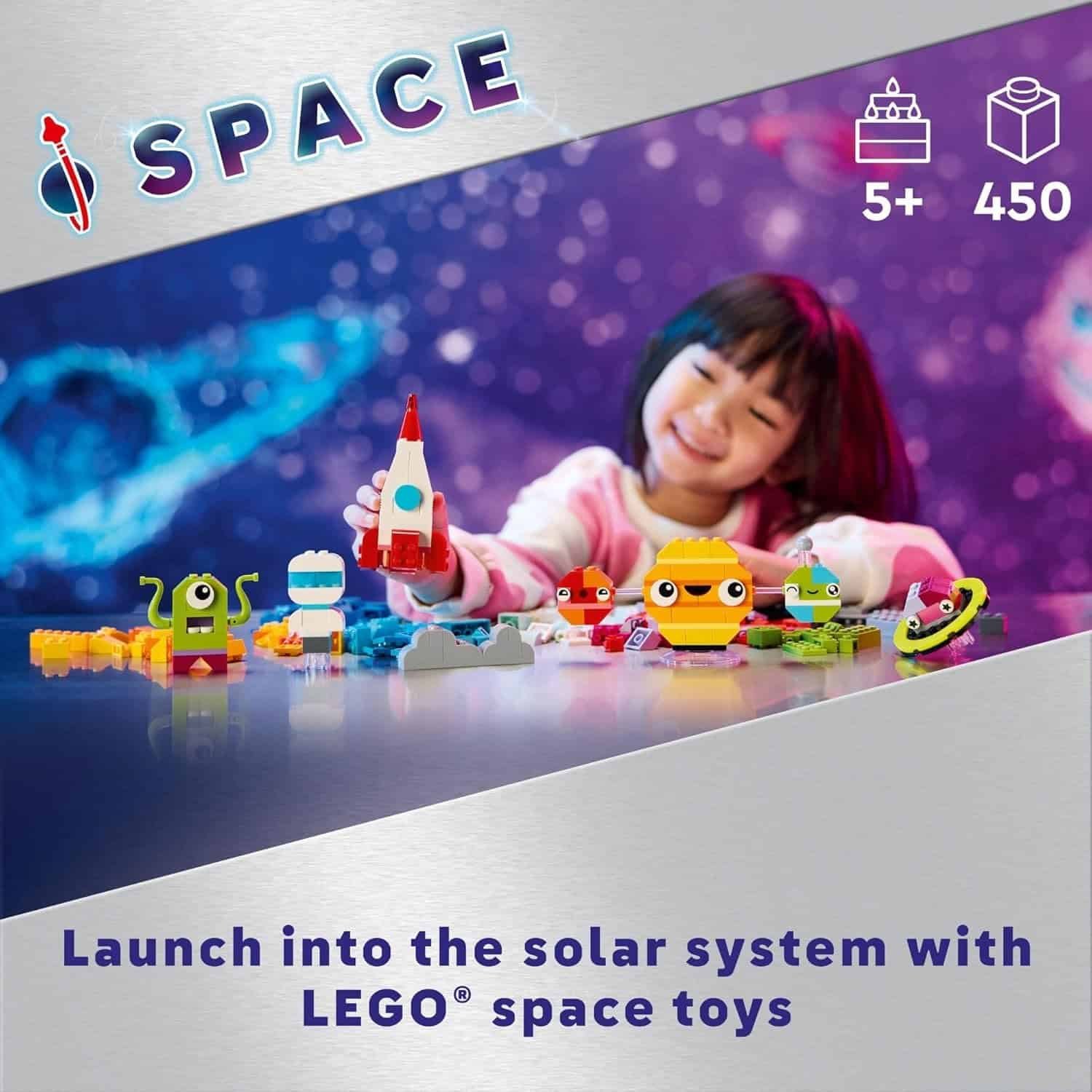 A child plays with LEGO space toys, including a rocket and aliens, on a table with a space-themed background. Text reads: "Launch into the solar system with LEGO space toys.