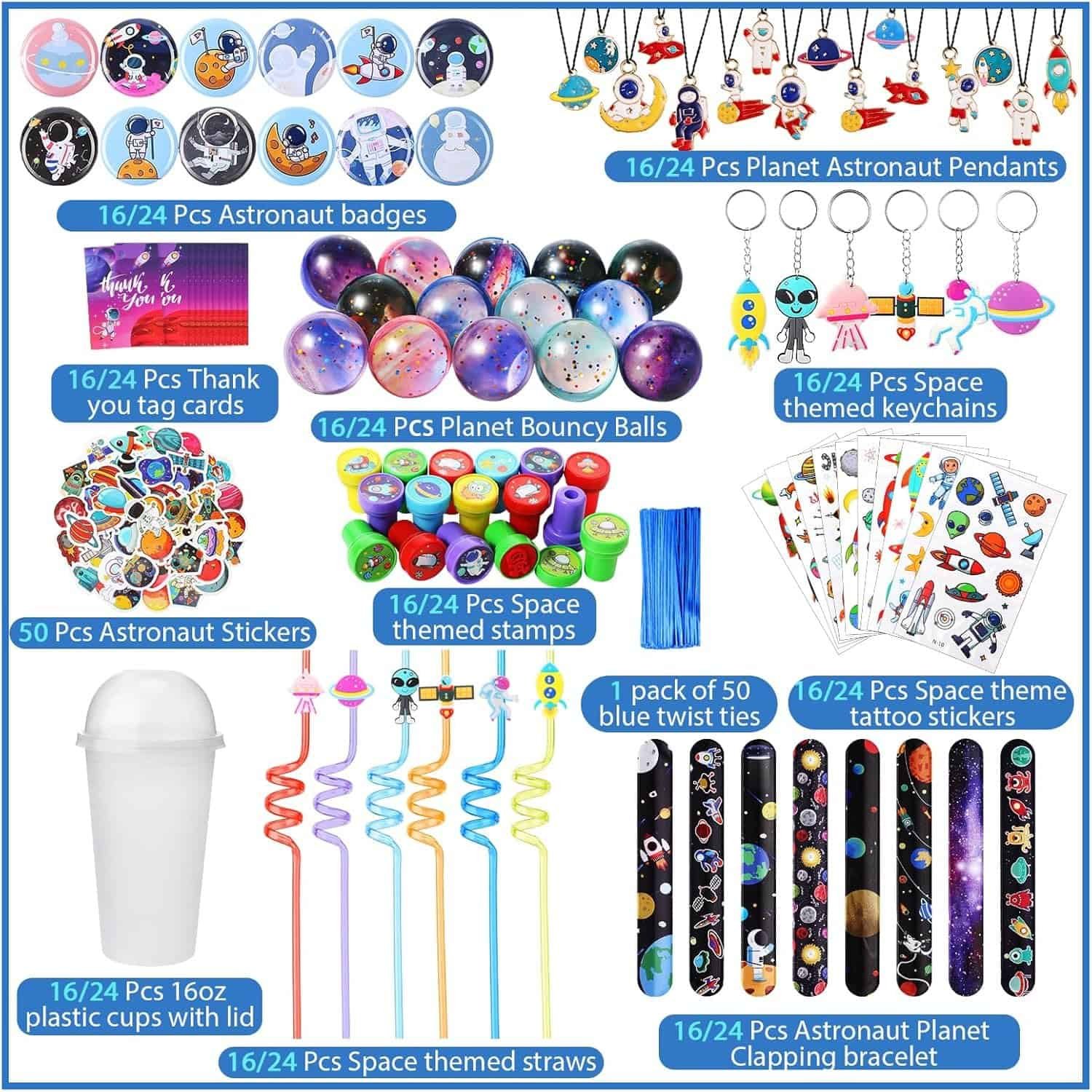Assorted space-themed party favors, including badges, pendants, name tags, bouncy balls, stamps, keychains, stickers, straws, cups, bracelets, and blue twist ties, displayed in labeled groups.