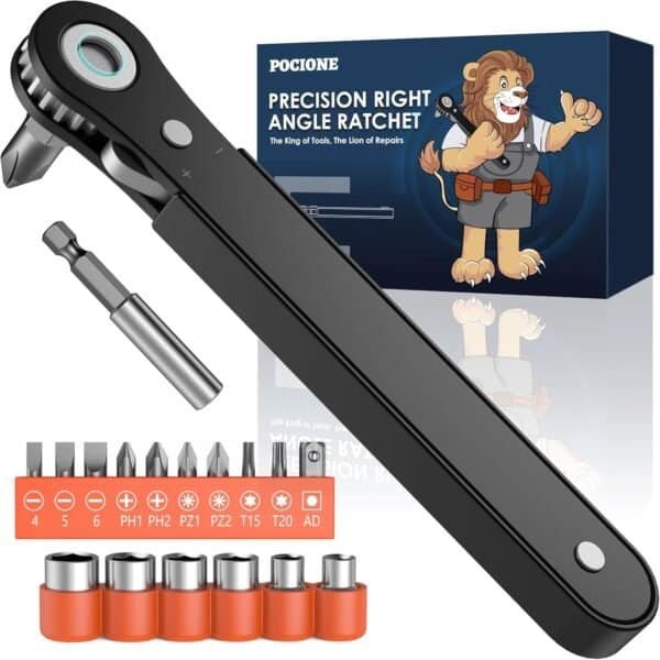 A right angle ratchet tool set with multiple bits and sockets, displayed in front of packaging featuring a cartoon lion mascot and the brand name "Pocione.