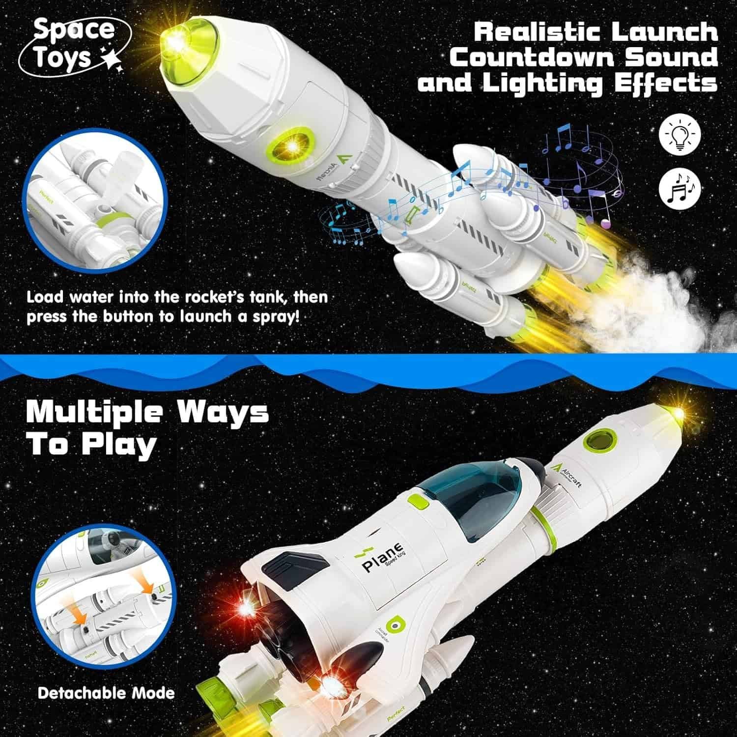 Two white toy rockets with green accents are shown in space, featuring light, sound, spray effects, and detachable parts. Text highlights realistic launch, countdown sounds, and multiple play modes.