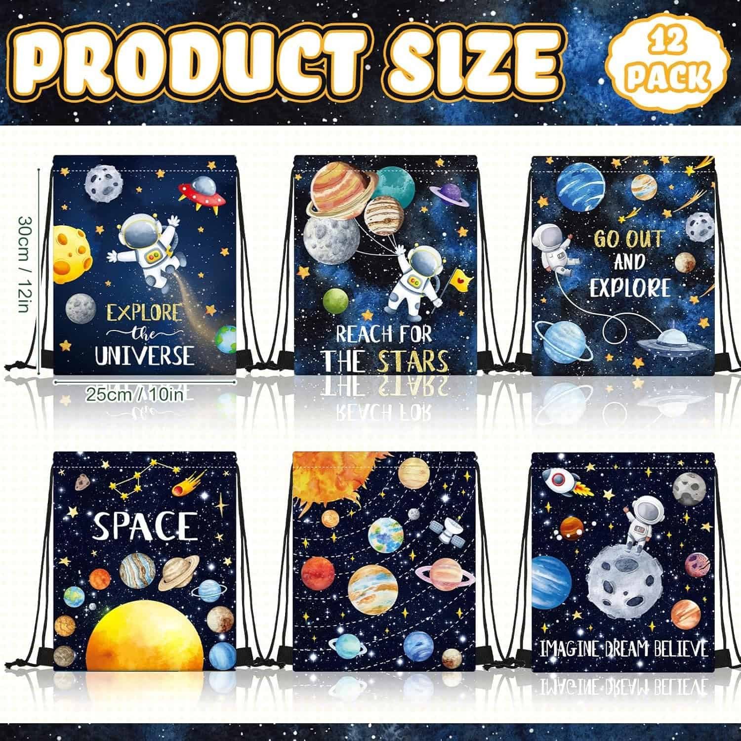 Six space-themed drawstring bags with astronaut and planet designs are displayed with the sizes 30 cm x 25 cm (12 in x 10 in) at the top of the image.