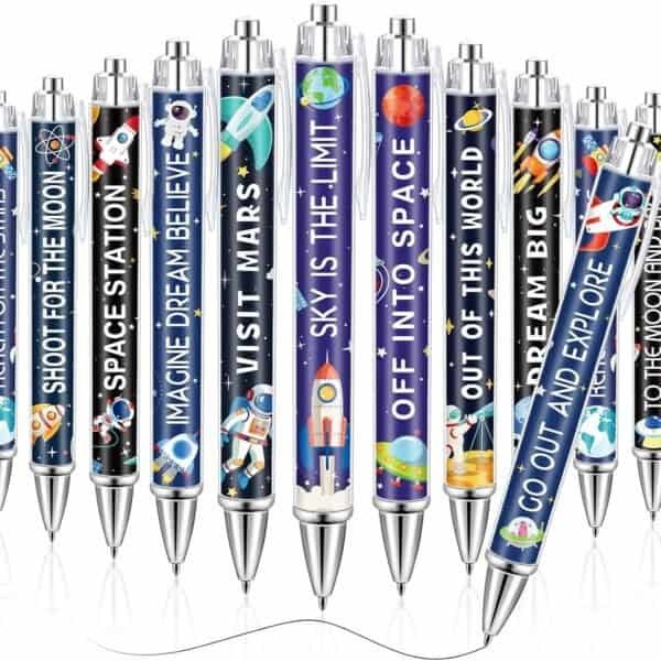A set of pens with colorful space-themed designs and motivational phrases such as "REACH FOR THE STARS" and "VISIT MARS" printed on the barrels.