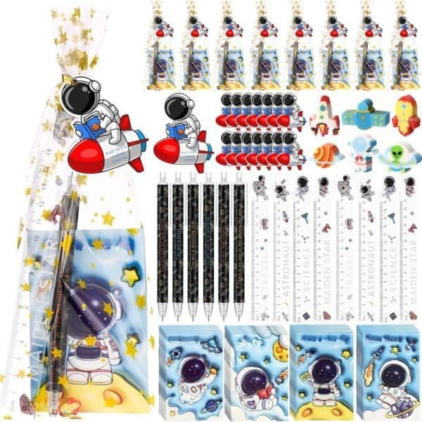 A collection of astronaut-themed stationery items including pencils, pens, rulers, erasers, notebooks, stickers, keychains, and gift bags arranged in rows.