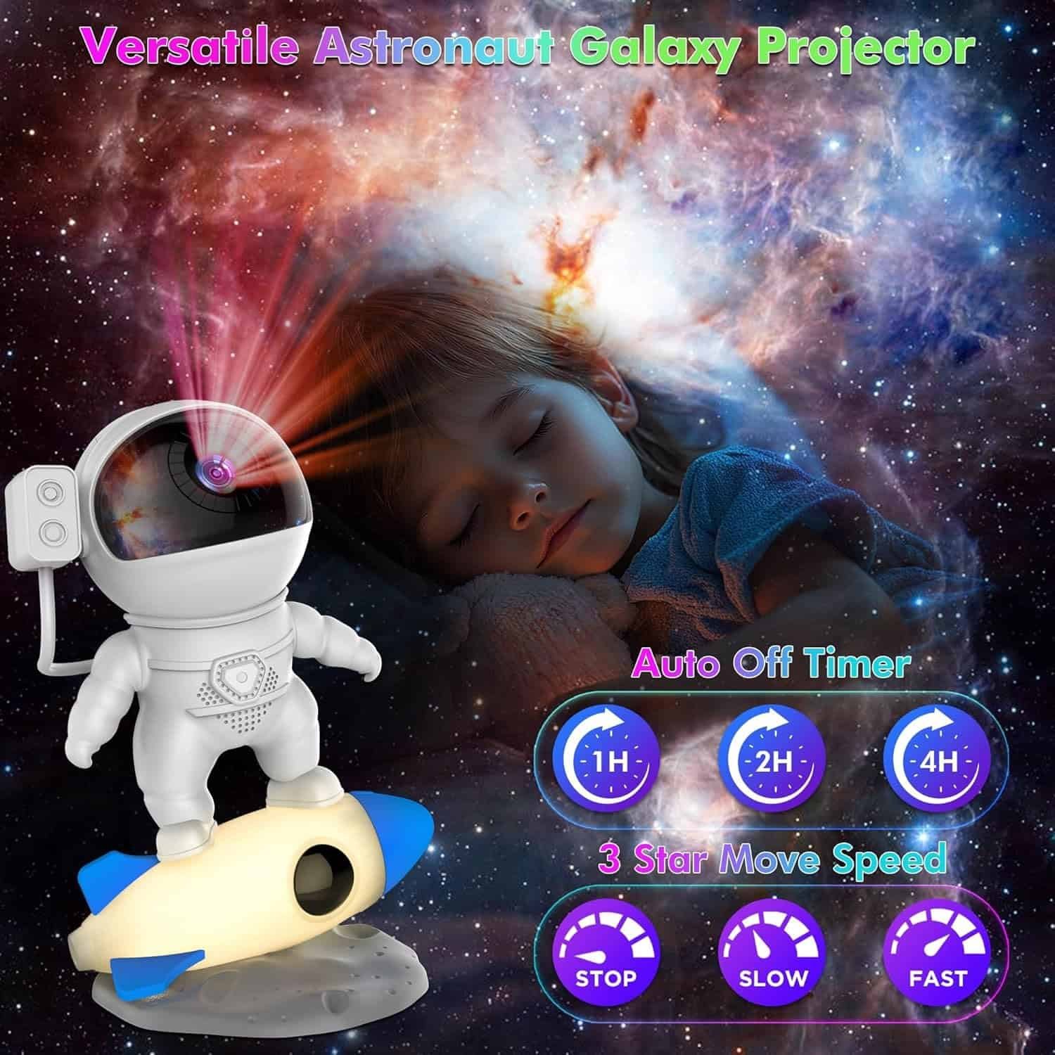 A child sleeps under a projected galaxy light; an astronaut-shaped galaxy projector and control options for timer and star speed are shown in the foreground.