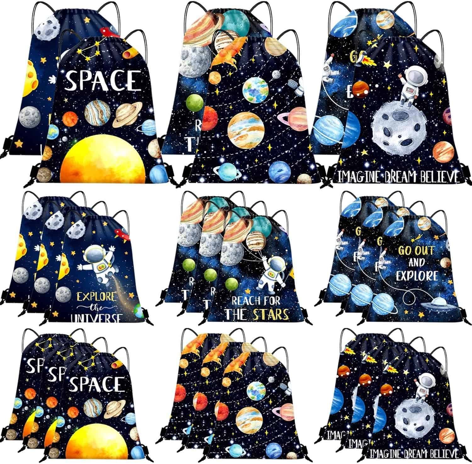 Nine drawstring backpacks with colorful space-themed designs, featuring planets, stars, astronauts, rockets, and inspirational phrases such as "Explore the Universe" and "Reach for the Stars.