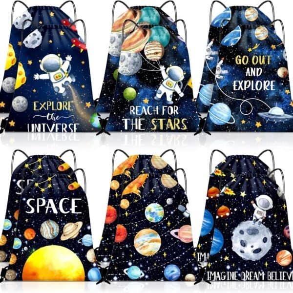 Six drawstring bags with space-themed designs featuring planets, astronauts, stars, and motivational phrases like "EXPLORE THE UNIVERSE" and "REACH FOR THE STARS.