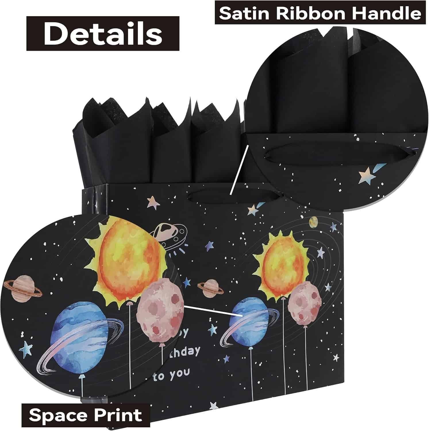 Black gift bag with a space-themed print of planets and stars, satin ribbon handle, and black tissue paper inside. Labels highlight "Satin Ribbon Handle" and "Space Print.