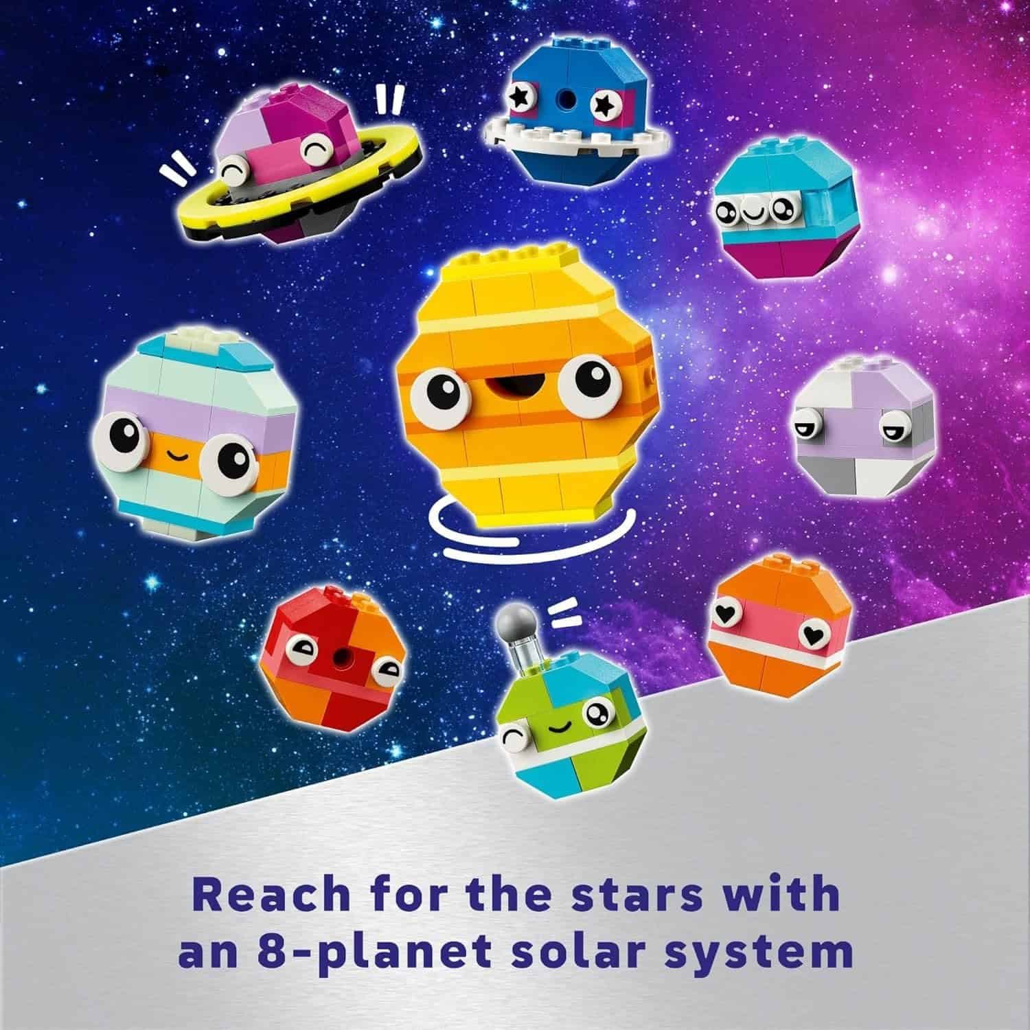 Eight colorful, cartoon-like LEGO planets with faces are displayed against a starry cosmic background, with text reading, "Reach for the stars with an 8-planet solar system.
