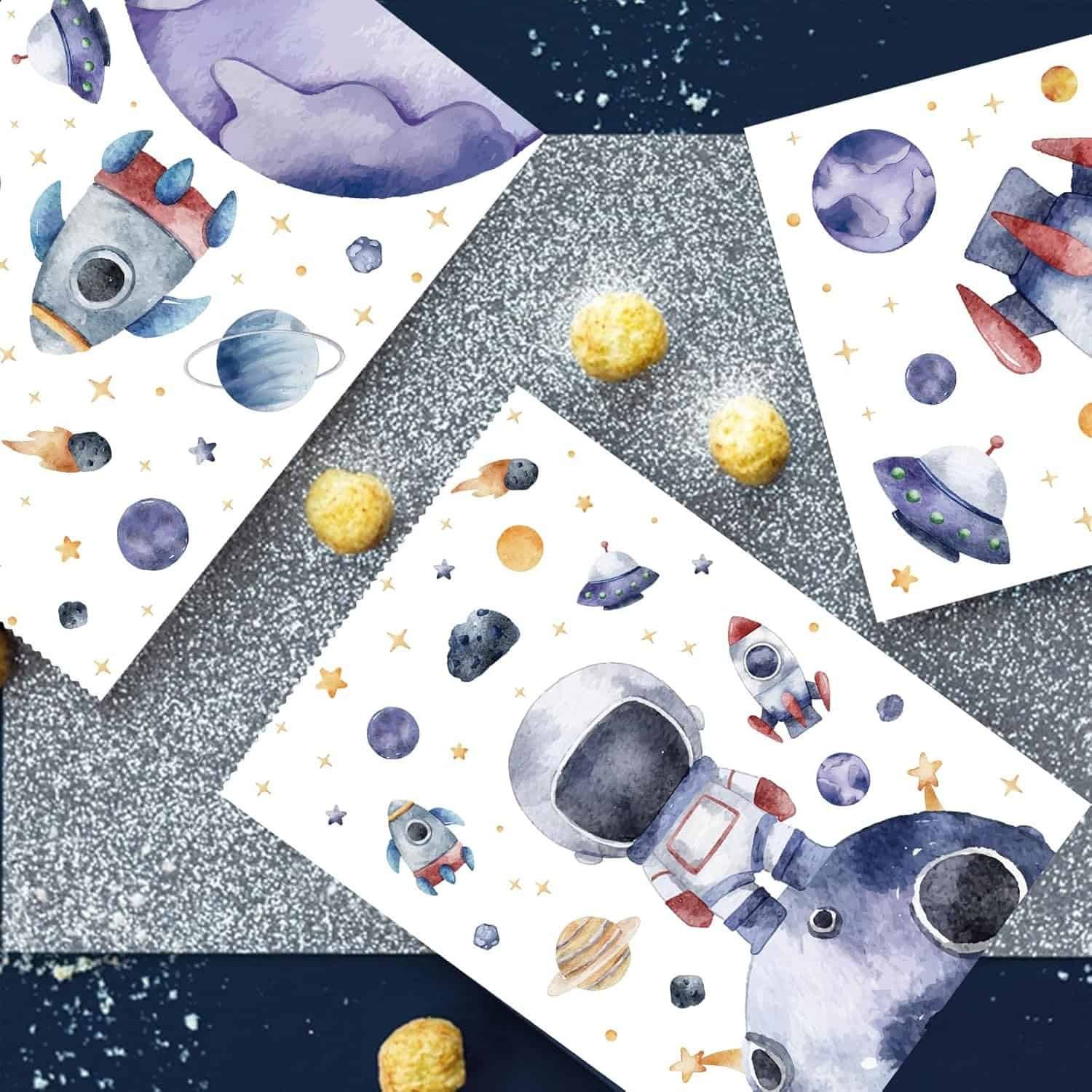 A group of cards with space drawings.