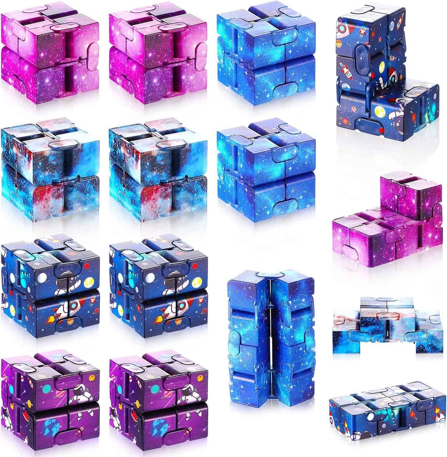 A set of colorful infinity cubes with galaxy-themed designs, displayed in various configurations and orientations against a white background.