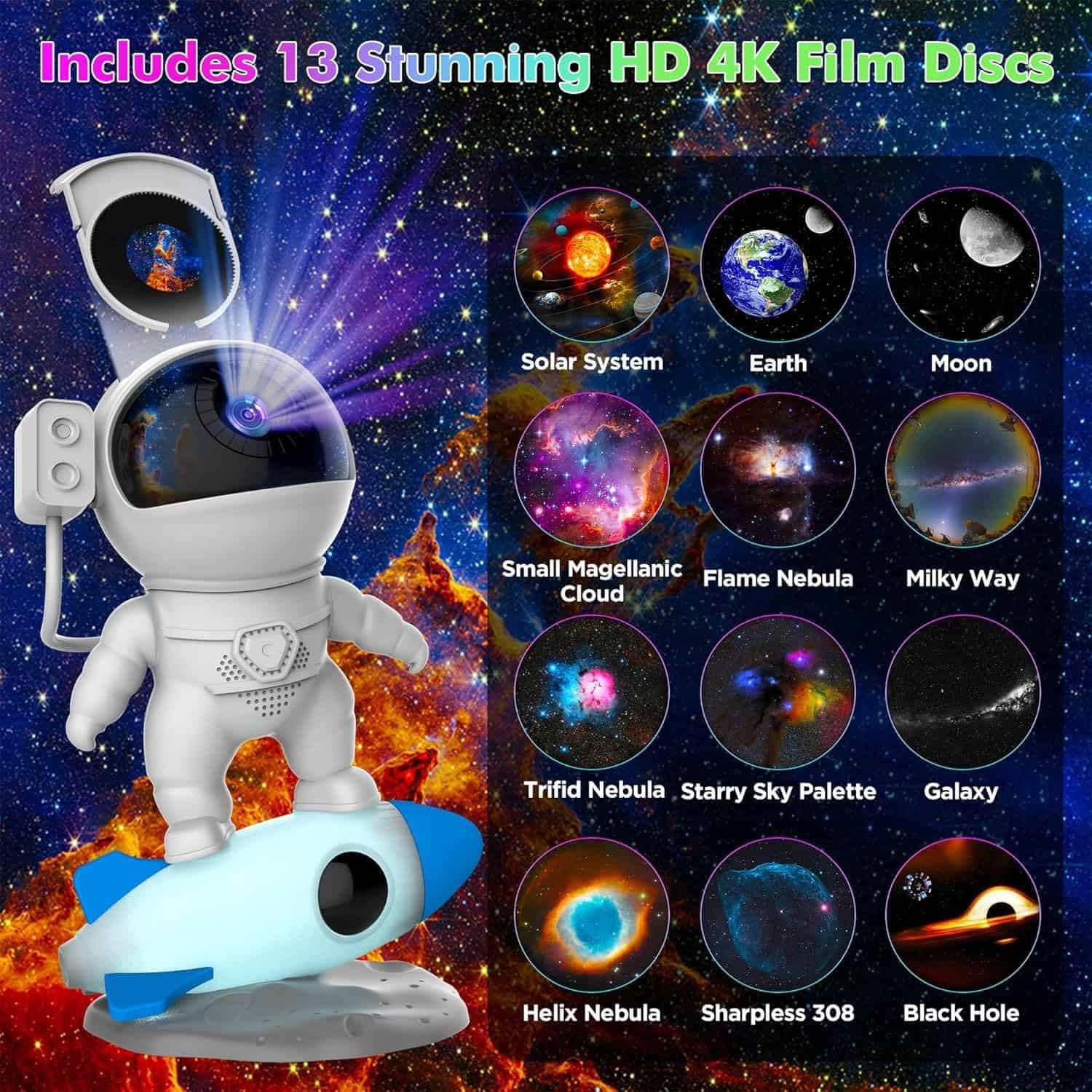 Astronaut figure on a rocket with labeled images of 13 HD 4K film discs featuring space themes like planets, galaxies, and nebulae.