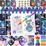 Assorted outer space-themed stationery and toys, including stamps, stickers, coloring pages, pens, bouncy balls, and coloring markers, arranged neatly on a white background.