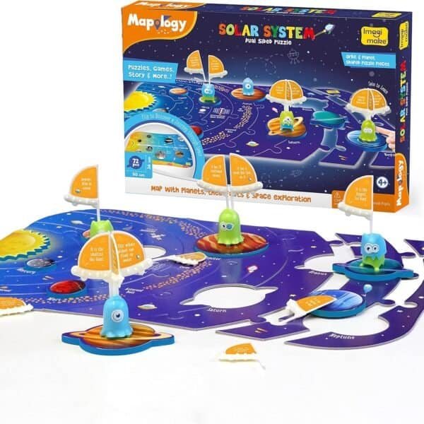 A solar system board game set with colorful planets, alien figures, informational flags, and a box labeled "Mapology Solar System" for ages 4 and up.