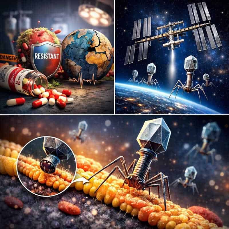 Collage showing antibiotic-resistant bacteria (with pills and shield), the International Space Station in space, and virus-like phages attacking bacteria.