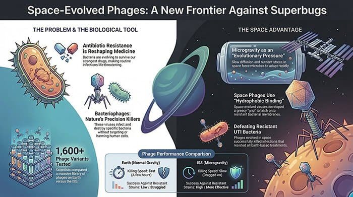 Infographic explaining how space-evolved bacteriophages can combat antibiotic-resistant superbugs, highlighting phage variants, the effects of space and microgravity, and promising medical advantages.