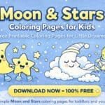 Illustrated poster with cartoon moon, star, cloud, and astronaut on a blue background, advertising free printable "Moon & Stars Coloring Pages for Kids.
