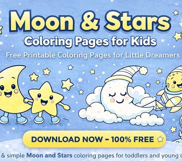 Illustrated poster with cartoon moon, star, cloud, and astronaut on a blue background, advertising free printable "Moon & Stars Coloring Pages for Kids.