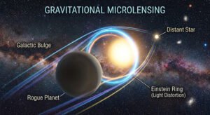 Diagram explaining gravitational microlensing, showing a rogue planet, distant star, galactic bulge, and Einstein ring light distortion—labeled elements reference Roman Space observations against a starry background.