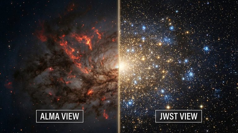 Side-by-side comparison of the same region in space: the ALMA view shows red gas clouds, while the JWST view reveals many stars and distant galaxies in sharp detail.