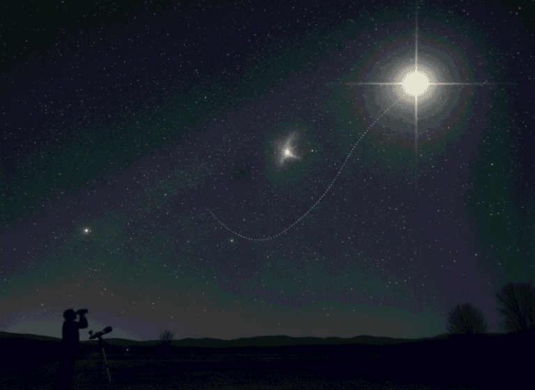 A person uses a telescope at night under a starry sky, observing a bright moon with a visible path traced between celestial bodies across the vast sky.