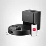 A black roborock Q7 M5+ Robot Vacuum and Mop, upgraded from Q5 Max+, with up to 7-9 weeks self-empty, 10000Pa suction, anti-tangle for pet hair & carpet, PreciSense LiDAR navigation, and app control on a white background.