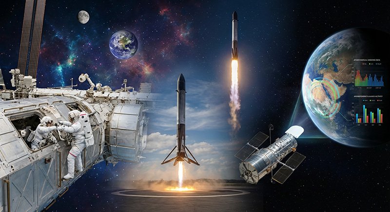 Composite image for Space News featuring astronauts on a space station, rockets launching and landing, Earth with data charts, and the Hubble telescope orbiting our planet.