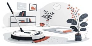 A robotic vacuum cleaner with a handle cleans a modern living room with plants, a rug, shelves, and wall art.