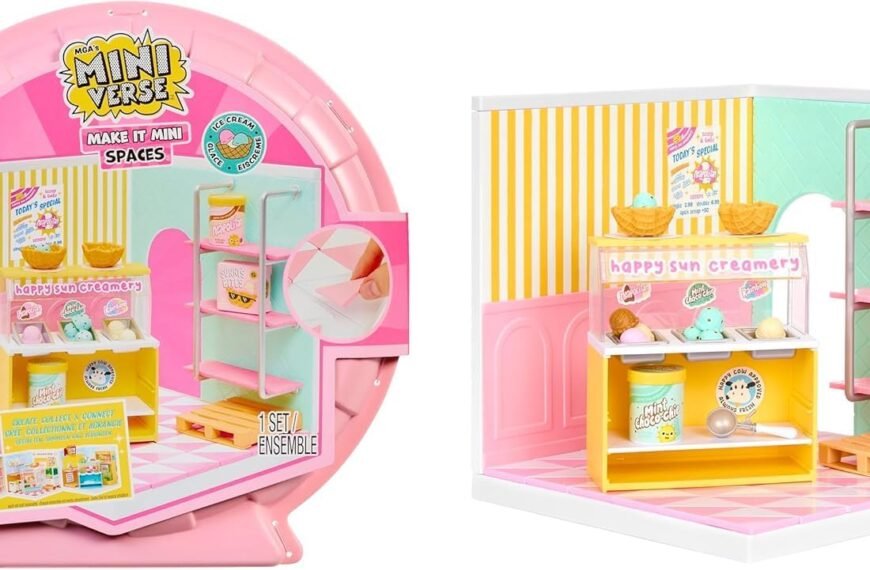 Miniature ice cream shop playset with pastel-colored furniture, display counter, shelves, and play food items, shown in packaging and assembled form.