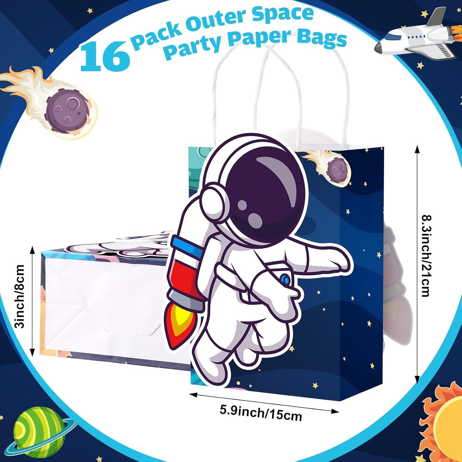 A set of 16 outer space-themed party paper bags featuring an astronaut design, with dimensions 5.9 x 3.1 x 8.3 inches shown in the image.