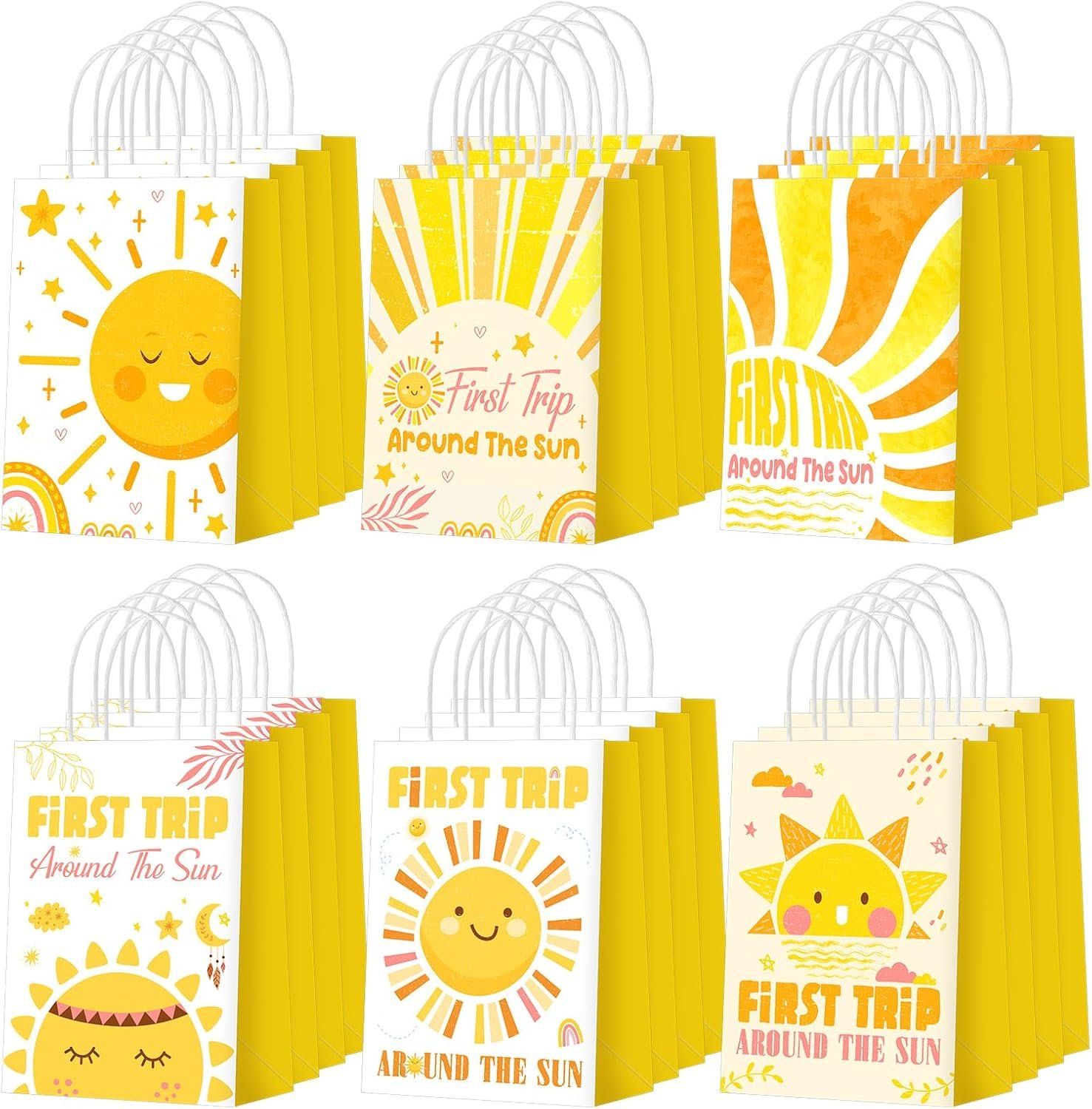 Six sets of yellow and white gift bags with sun-themed designs and "First Trip Around the Sun" text, each featuring cheerful sun illustrations and patterns.