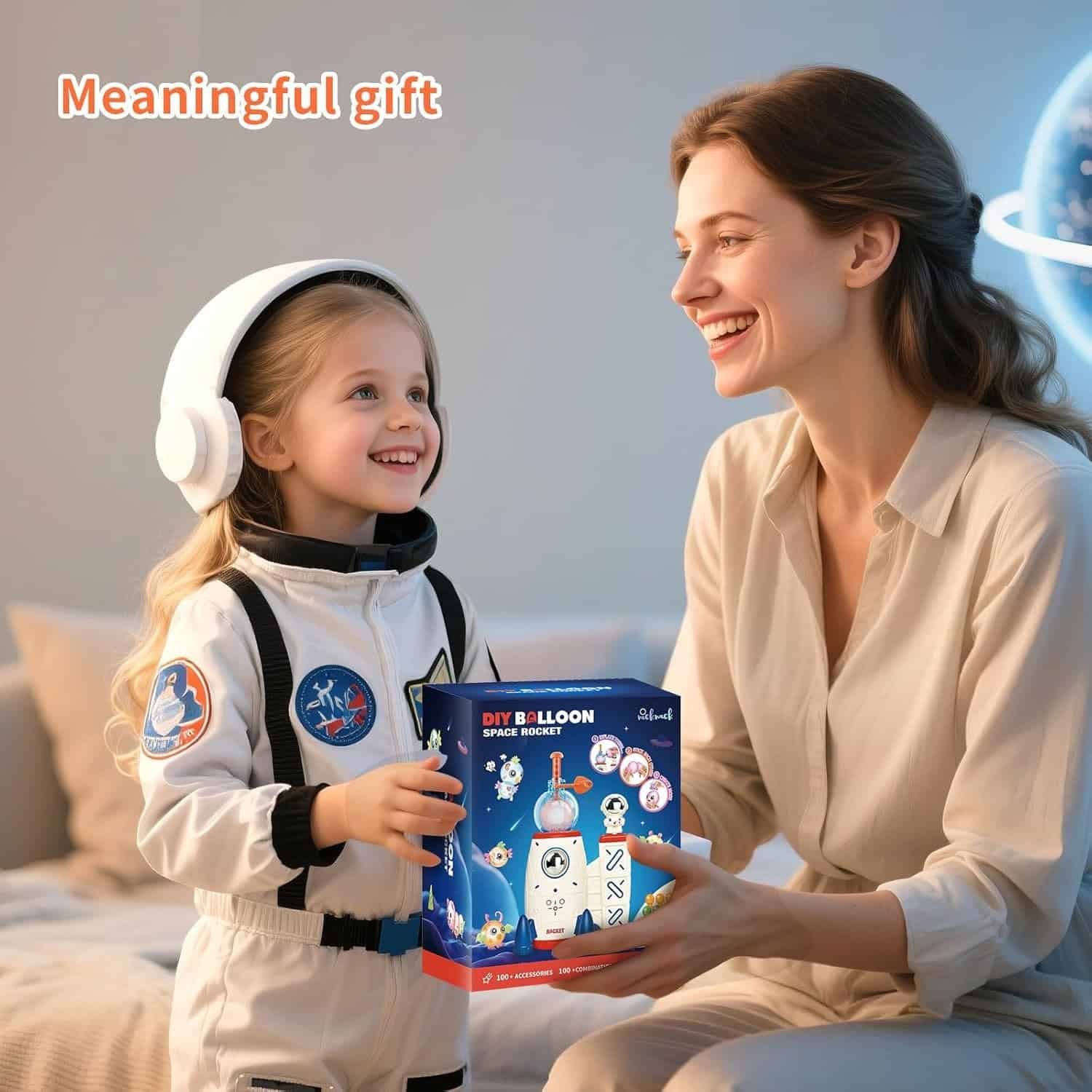 A smiling woman gives a box labeled "DIY Balloon Space Rocket" to a young girl dressed in an astronaut costume. The words "Meaningful gift" appear in the top left corner.