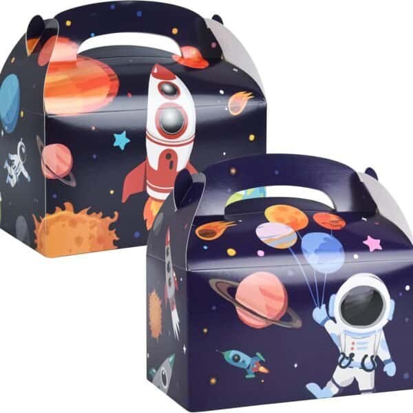 Two colorful space-themed gift boxes featuring rockets, planets, a robot, and an astronaut holding balloon planets on a dark background.