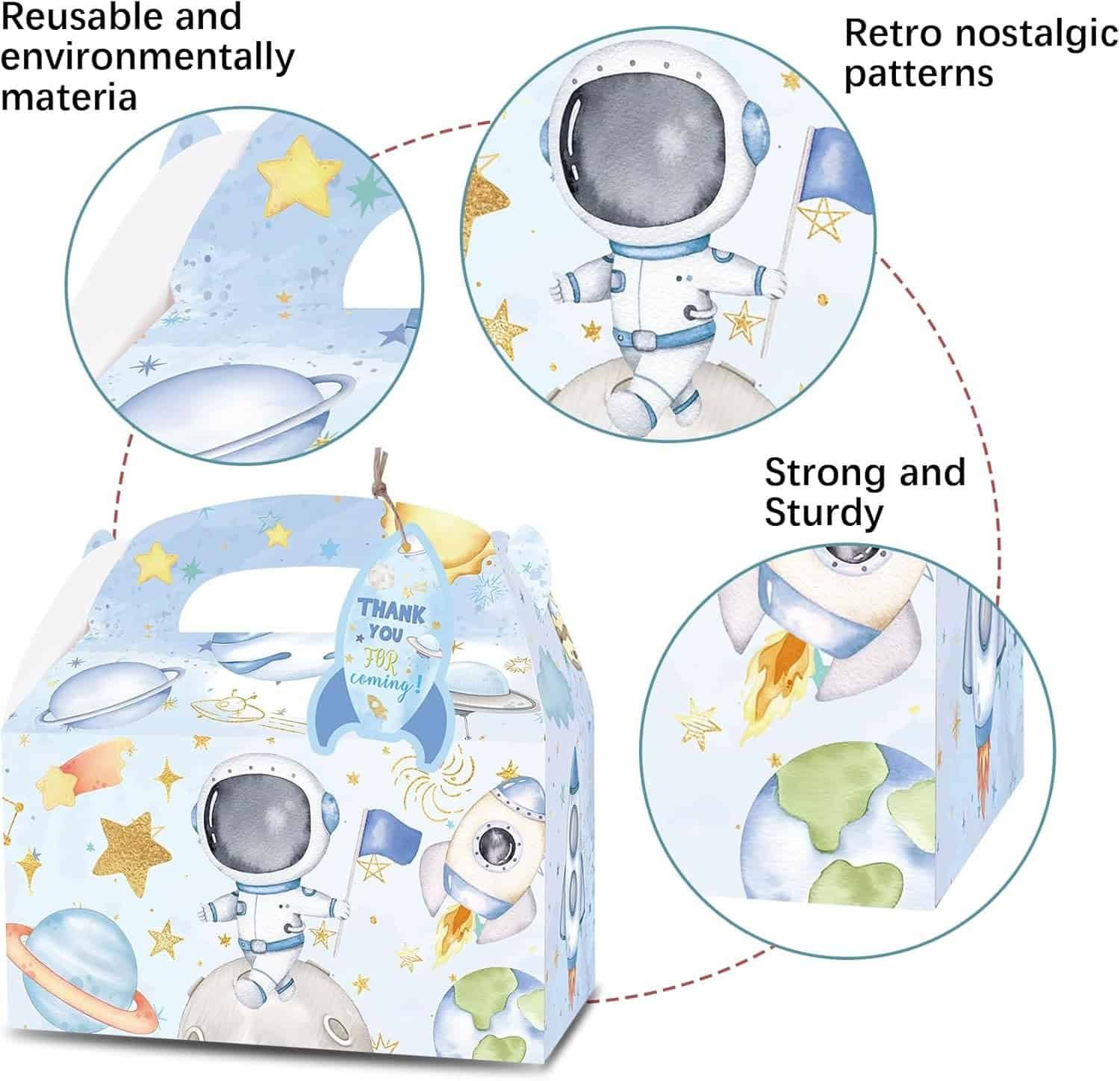 Gift box with an astronaut and space-themed design, featuring a handle, "Thank You for Coming!" tag, and labeled highlights about material, patterns, and sturdiness.