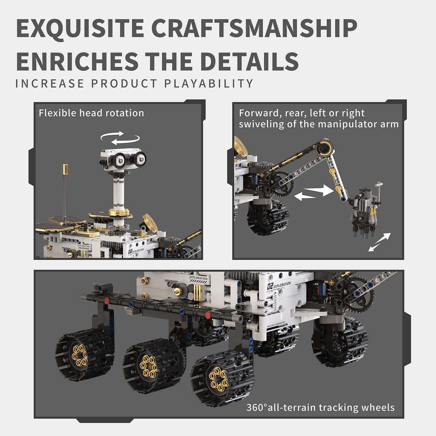 LEGO-style rover model with labeled features: flexible head rotation, manipulator arm with multi-directional swivel, and 360° all-terrain tracking wheels.