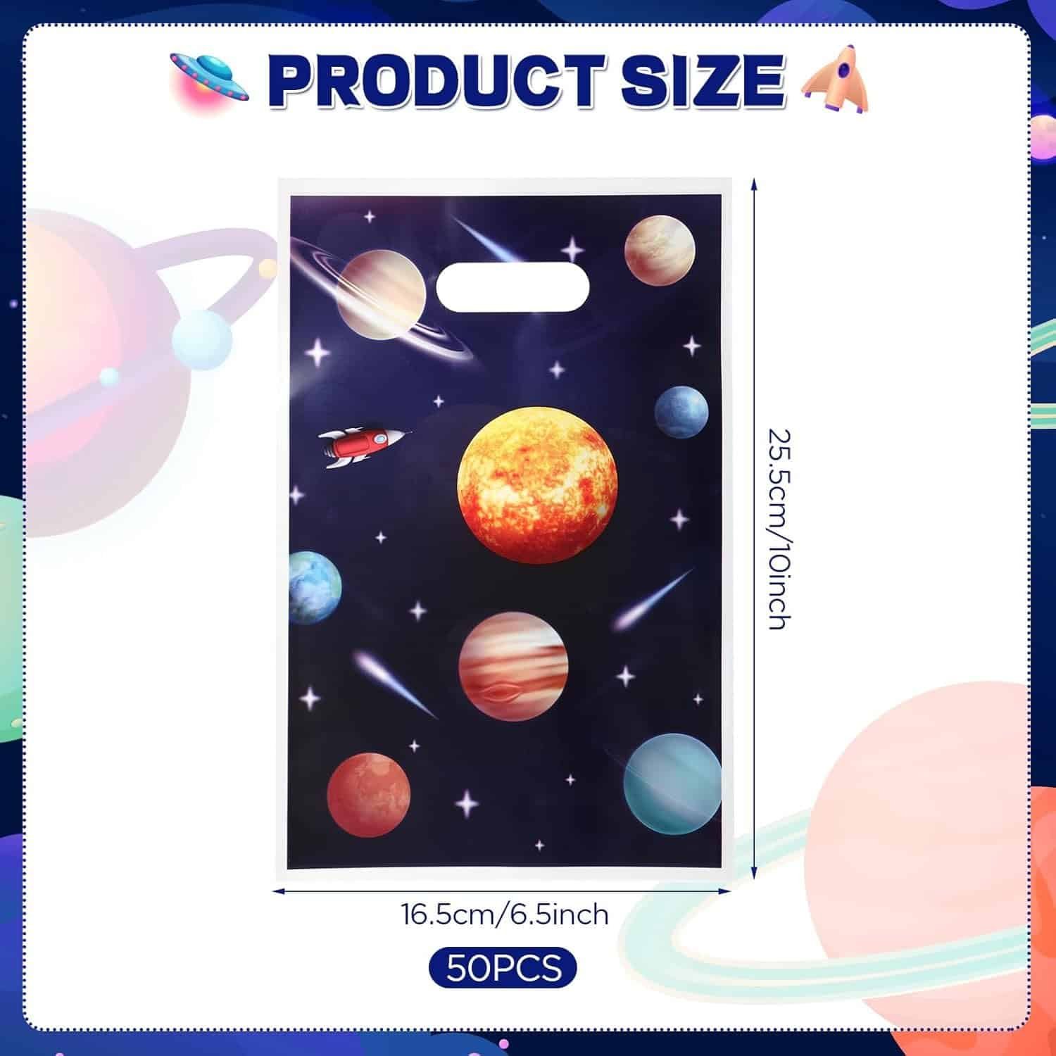 A plastic bag with a space-themed design featuring planets and comets, measuring 25.5 cm by 16.5 cm, with a quantity of 50 pieces per pack.