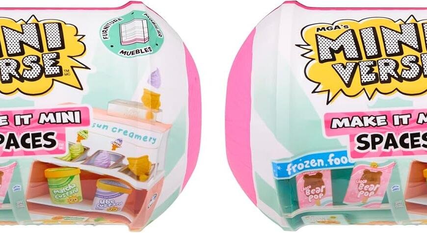 Two identical MGA's Miniverse "Make It Mini Spaces" toy packages featuring miniature food and kitchen items on the packaging.