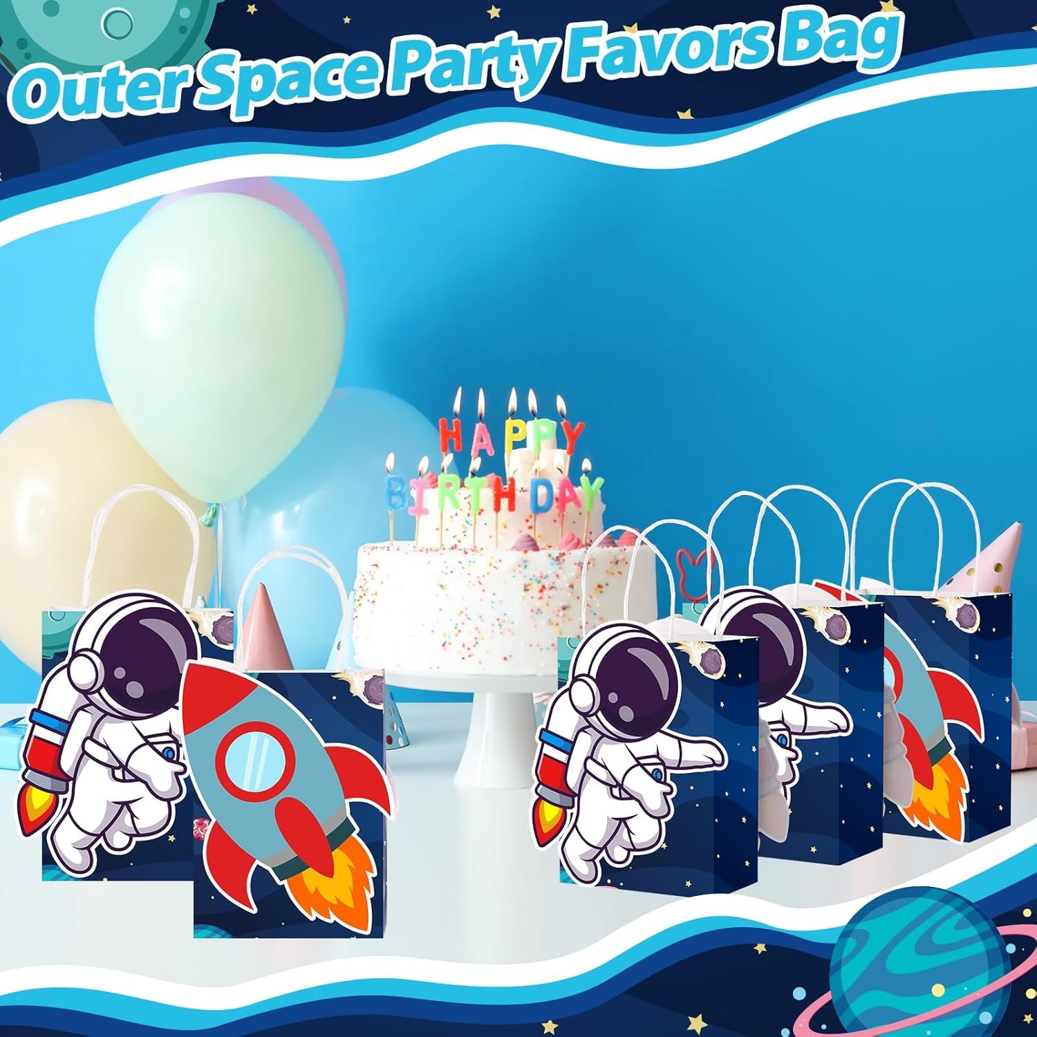 MotiMind 16 Pcs Outer Space Party Favor Bags with Handles Astronaut Gift Bags for Galaxy Space Theme Party Supplies