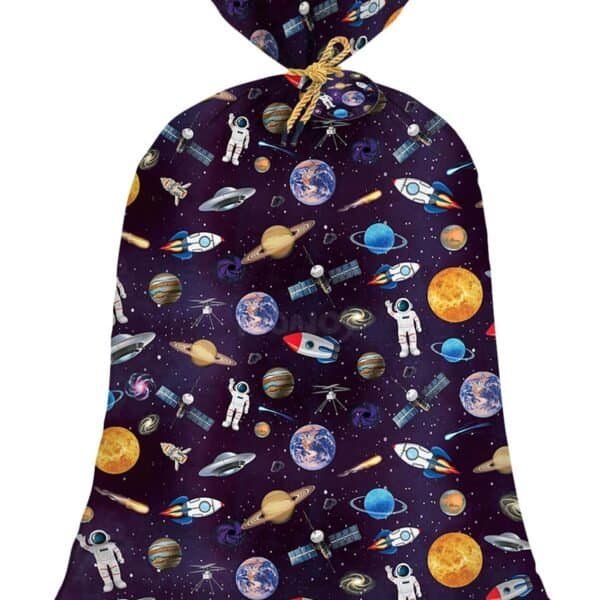 A drawstring gift bag with a space-themed pattern featuring planets, astronauts, rockets, satellites, and stars on a dark background.