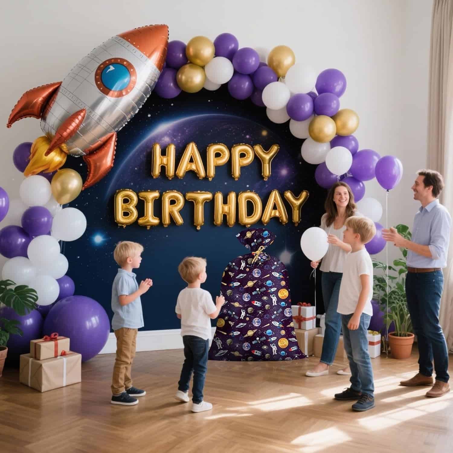 A family celebrates a birthday in a decorated room with a space theme, including a rocket balloon, balloon arch, gifts, and “HAPPY BIRTHDAY” letter balloons on the wall.